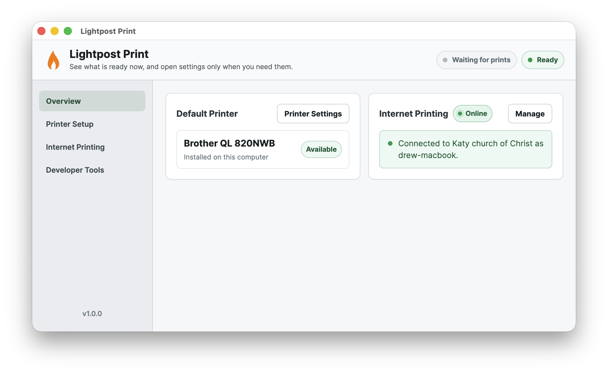 Lightpost Print Overview showing an available default printer and an online Internet Printing connection