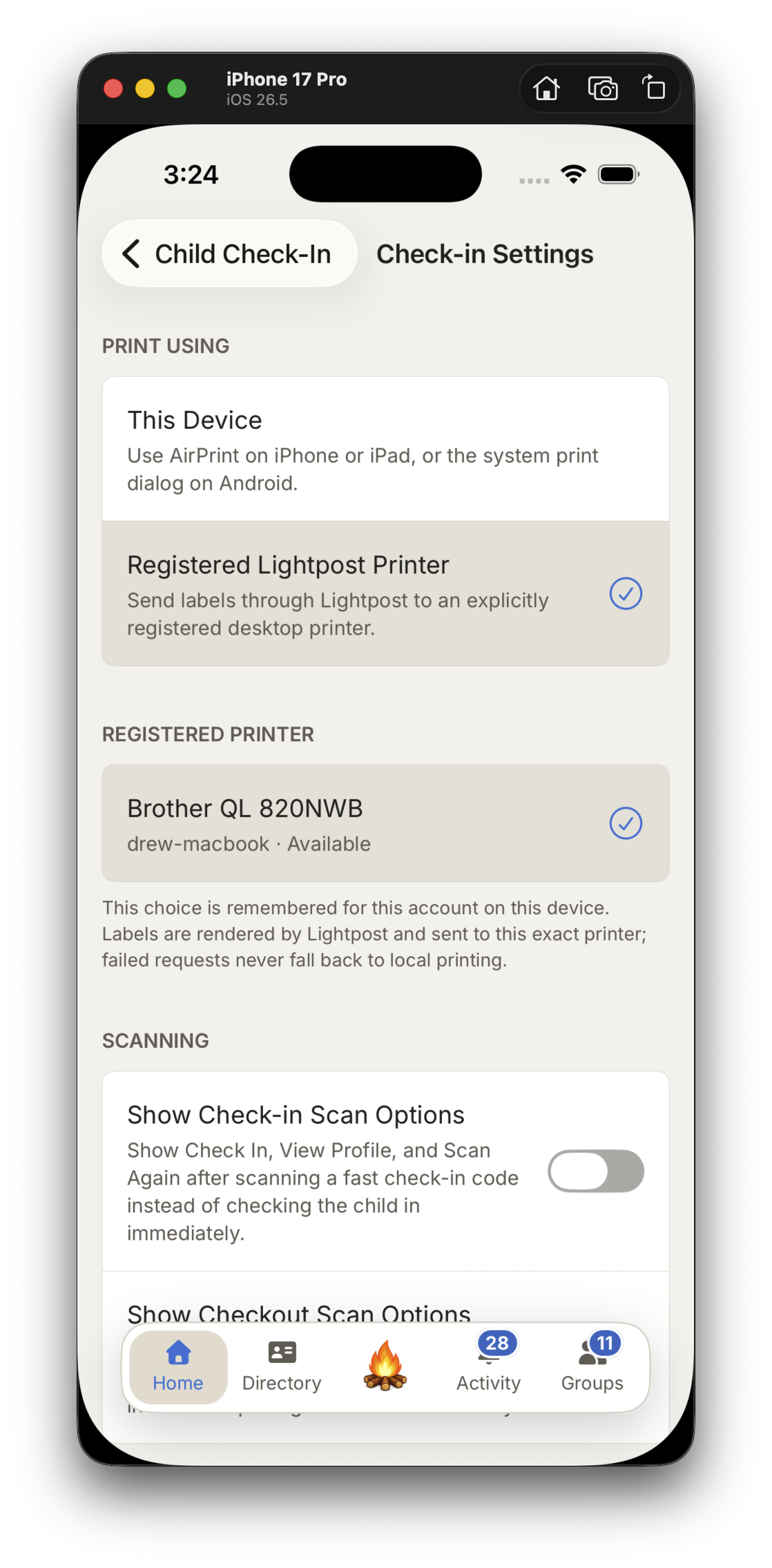 Lightpost mobile Child Check-In settings with Registered Lightpost Printer and Brother QL-820NWB selected